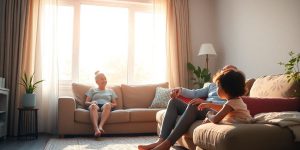Calm parent embraces smiling child in cozy, sunlit home environment.